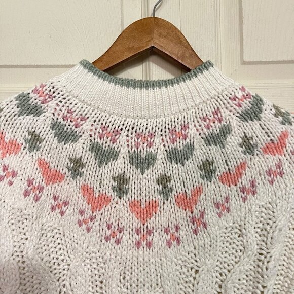 Vintage Womens White Mock Neck Cable Fisherman Knit Bobble Hearts Sweater Medium - Picture 4 of 9
